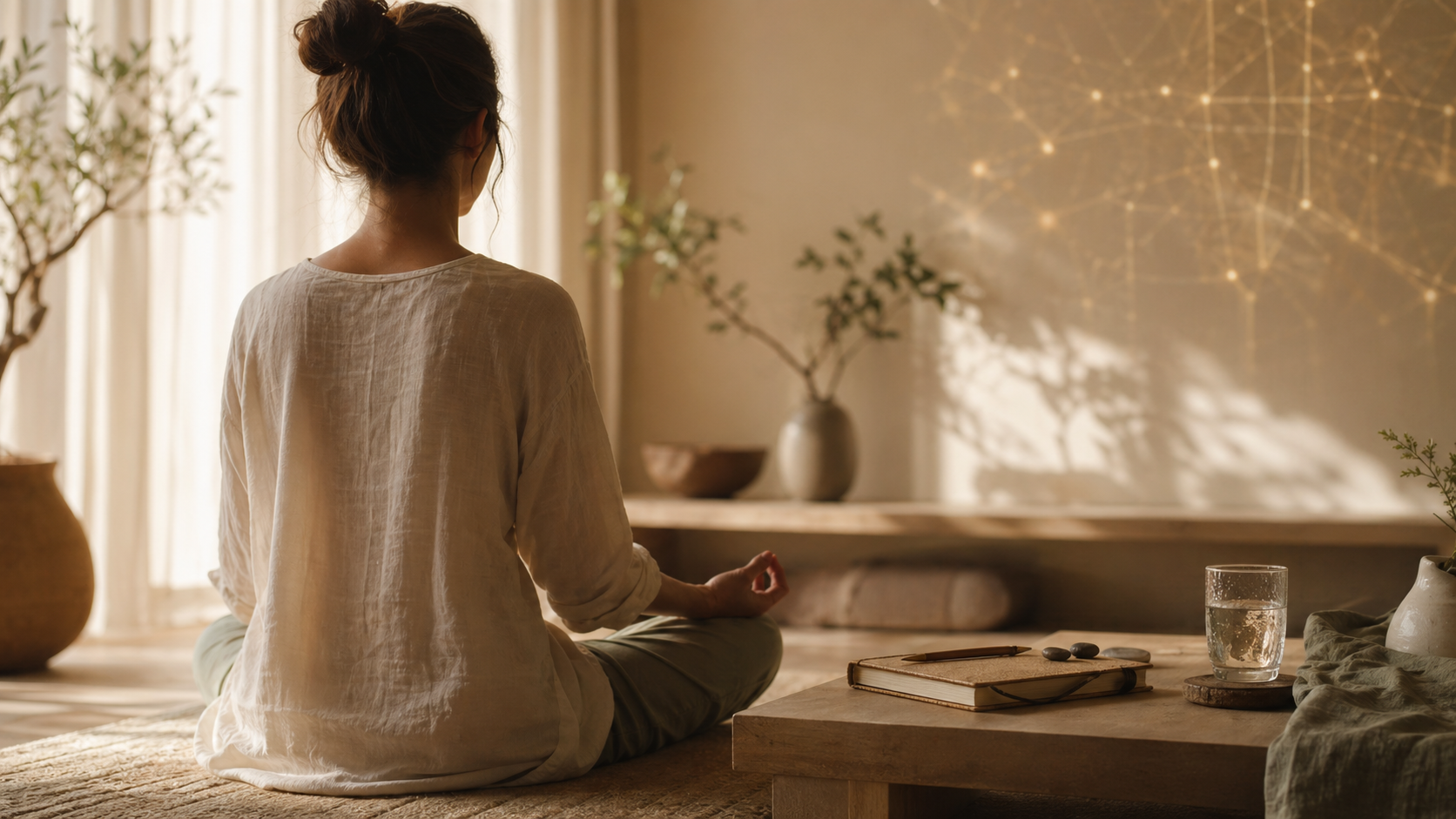 Doğal ışıkta meditasyon alanı, defter ve sakinleştirici objeler