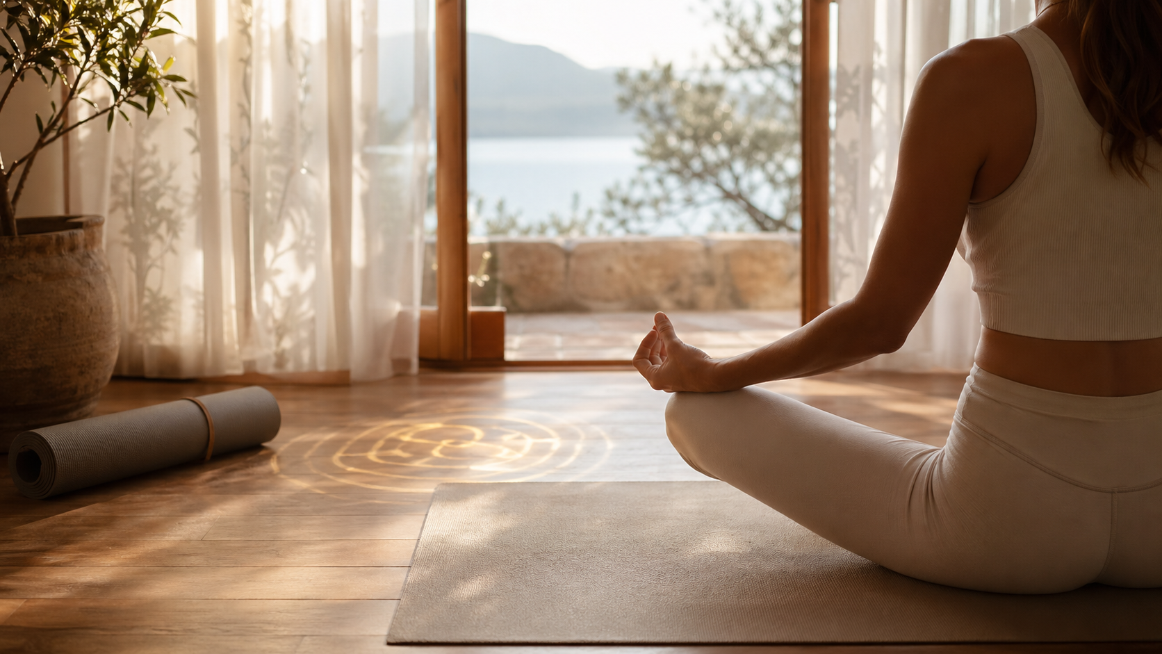 Sabah ışığında sakin bir yoga alanında meditasyon pratiği